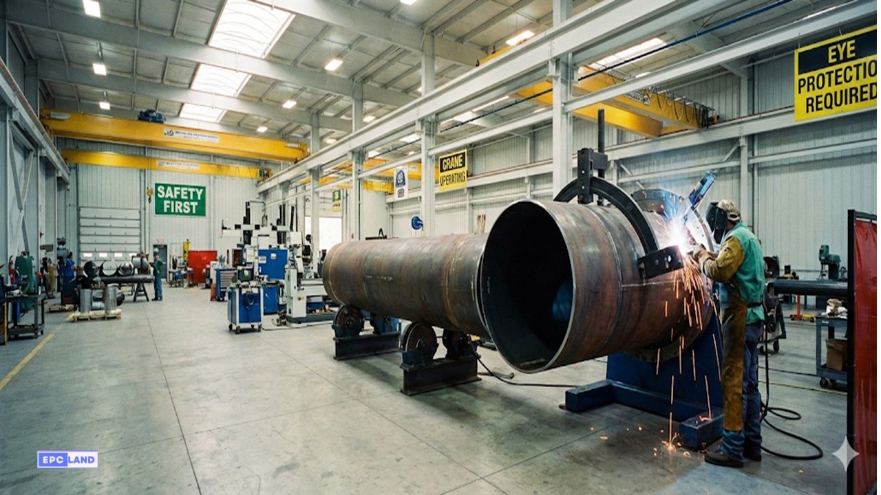 Industrial Pipe Spool Fabrication shop floor with ASME welders working on carbon steel piping segments.