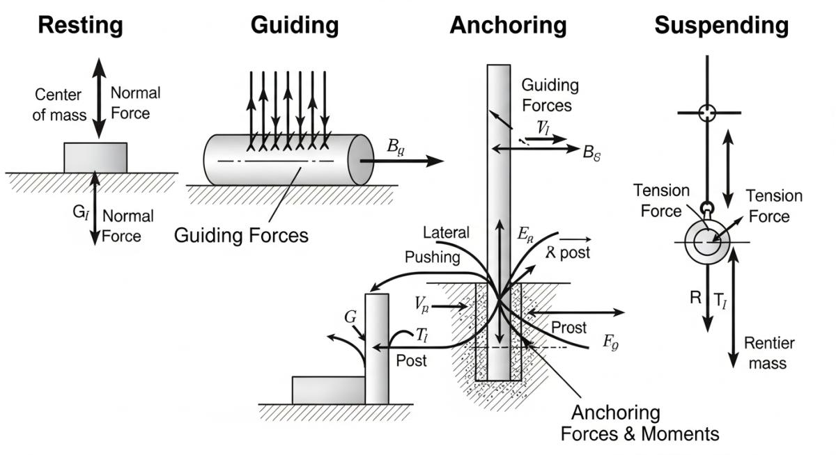 Technical diagram of rigid vs flexible pipe supports and force distribution.