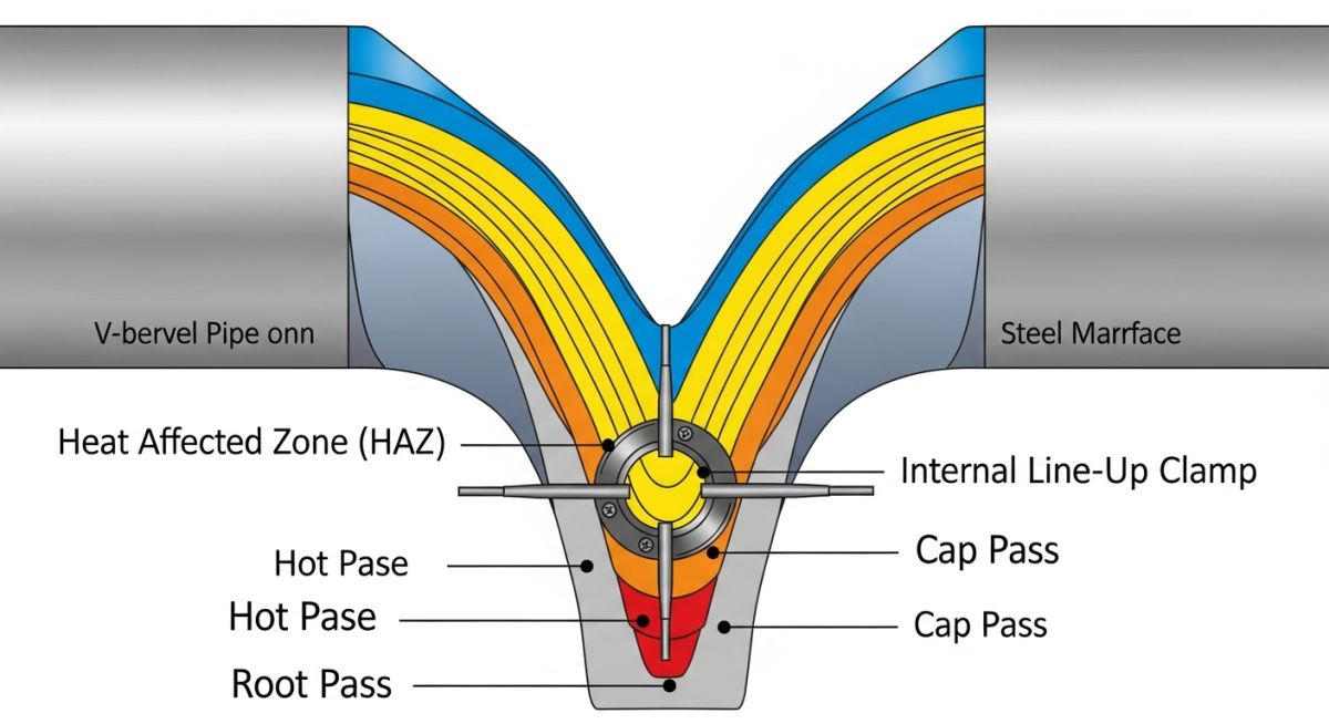 Technical diagram of Pipeline Girth Welding pass sequences and bevel geometry