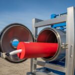 Industrial pipeline pigging operation showing technician loading a foam pig into a pig launcher for cleaning.