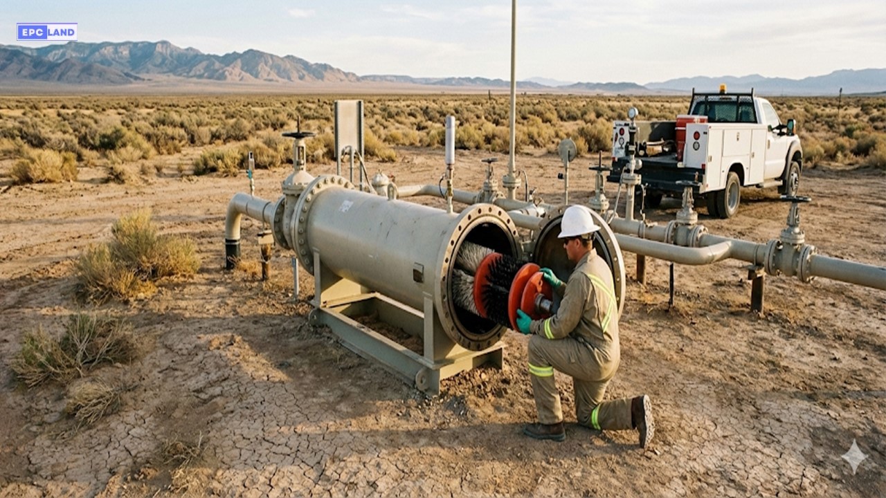 Pipeline pigging systems launcher trap station with technician loading 36-inch cleaning pig for oil and gas operations 2026.