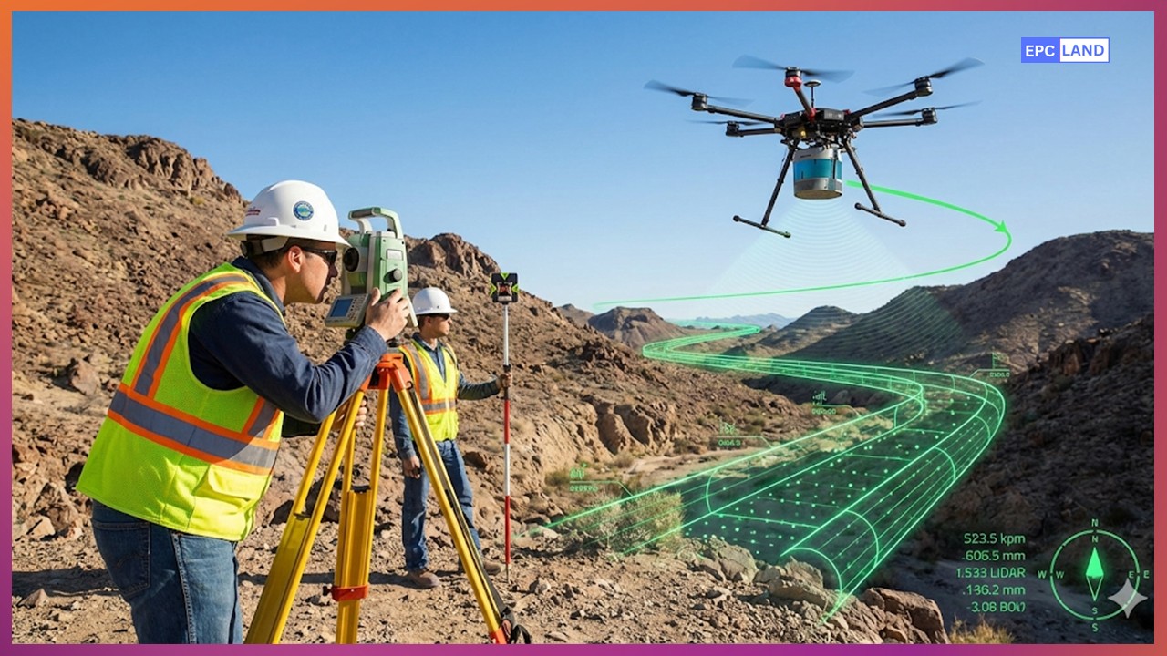 Pipeline route survey team utilizing LiDAR drones and total stations for right of way optimization