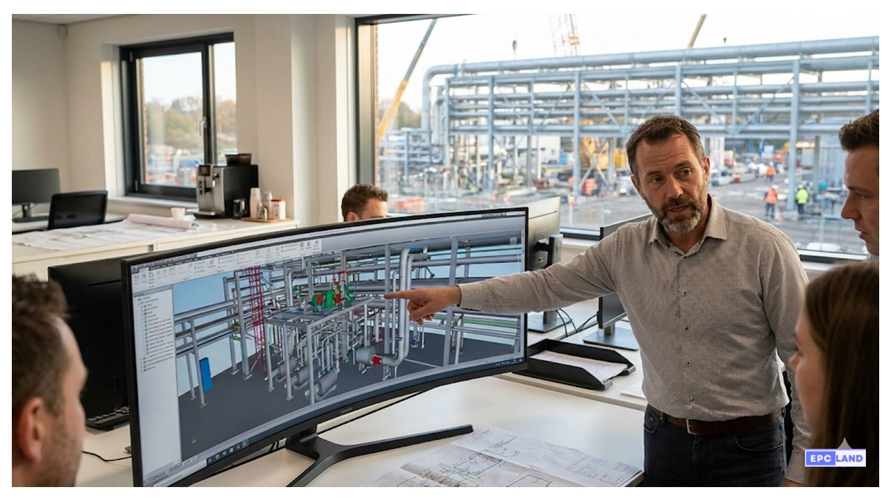 Piping design engineer roles and responsibilities showcased during a 3D model review session for a complex EPC project.