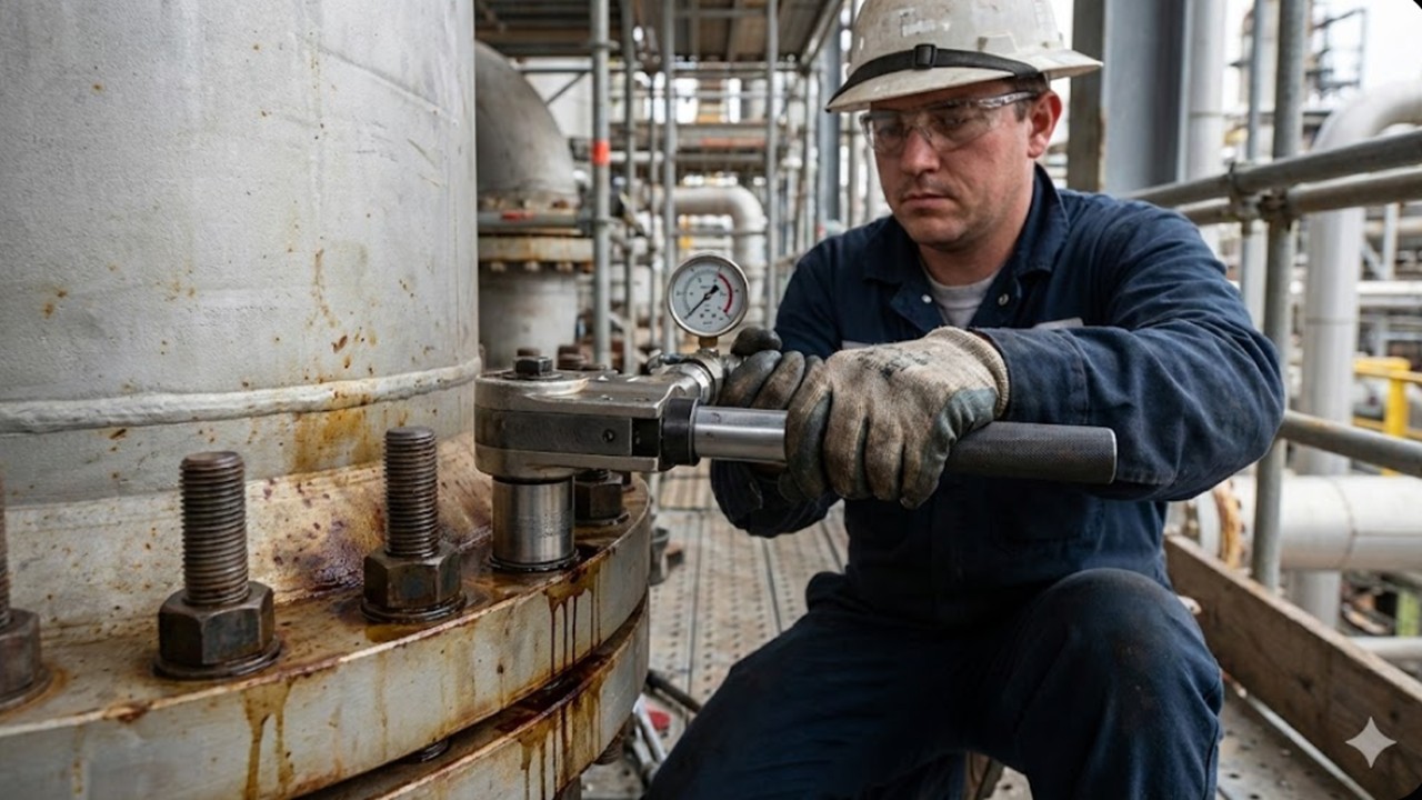 Hydraulic torquing of process piping flanges during plant turnaround