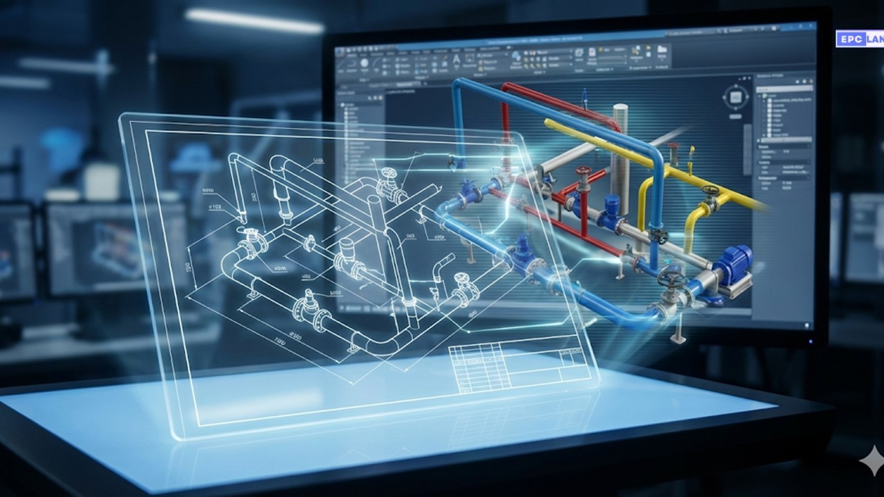 Piping Isometric Drawing example comparing 2D line diagram with 3D CAD pipe spool reality.