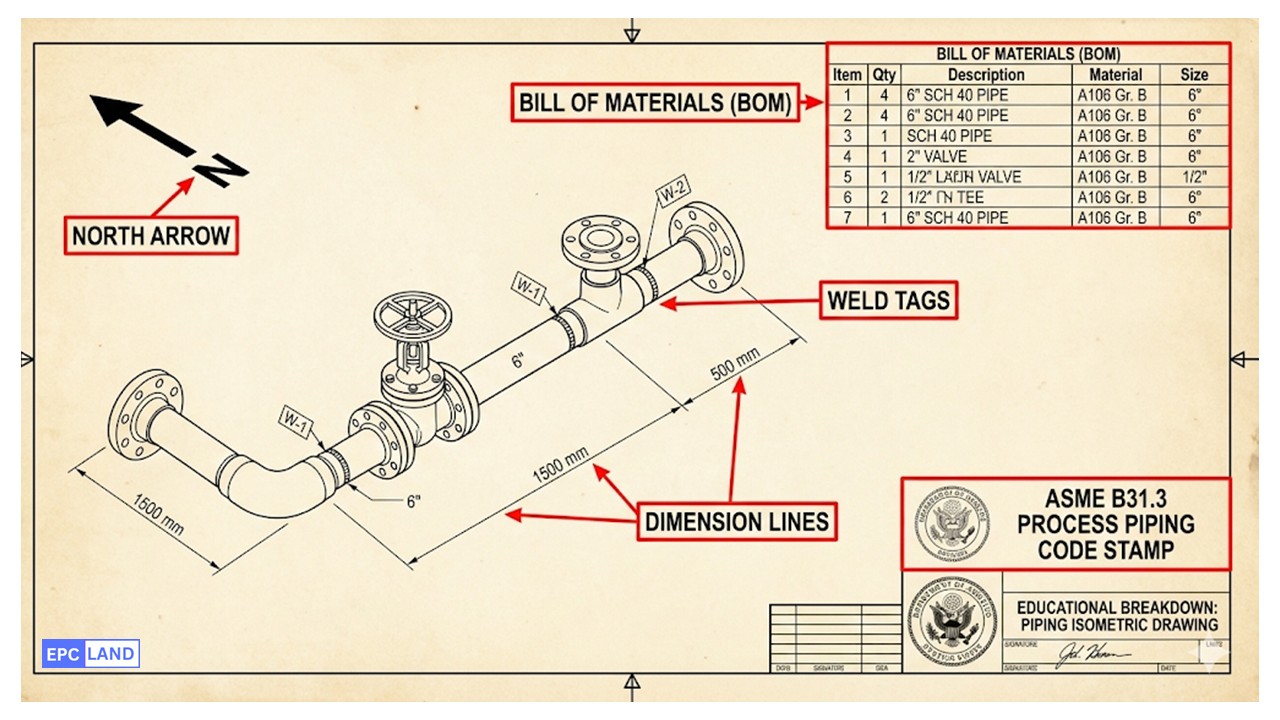 Annotated piping isometric drawing example showing BOM and design standards