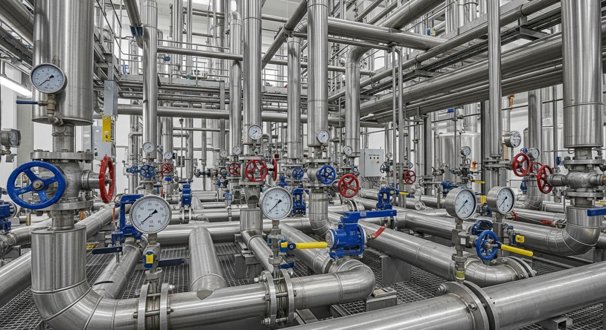 Industrial manifold system requiring precise Piping Pressure Drop Calculation.