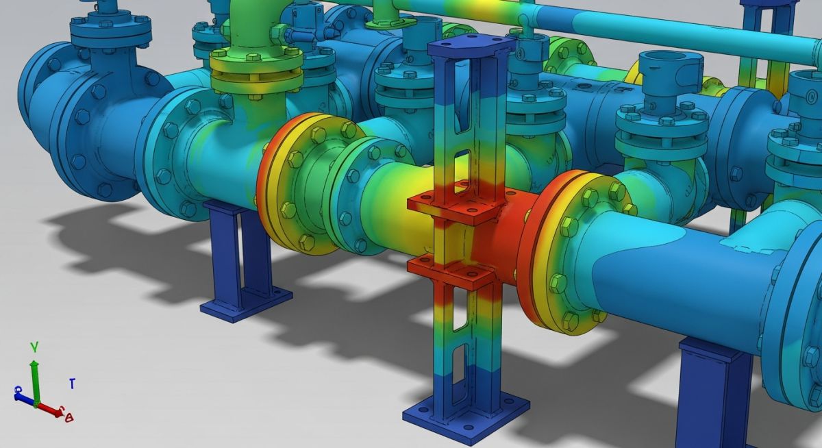 High-pressure manifold undergoing Piping Stress Non-Linear Analysis showing thermal expansion gradients.