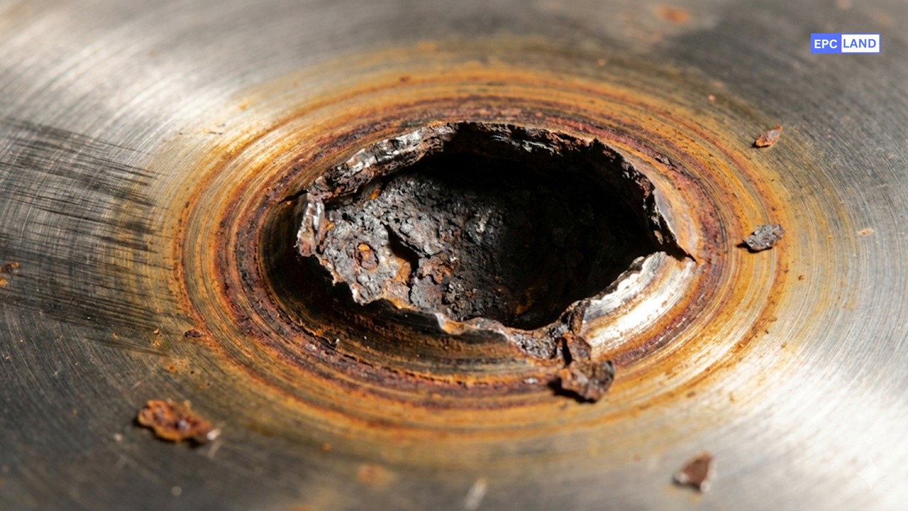Macro close-up of pitting corrosion cavity on stainless steel surface showing localized metal loss.