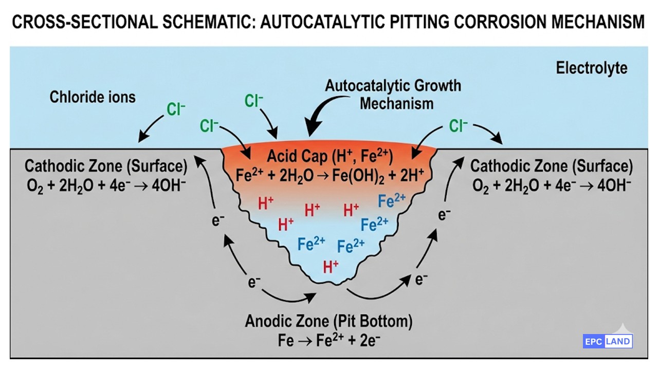 Cross-section diagram of pitting corrosion mechanism showing anodic pit growth and passive film breakdown