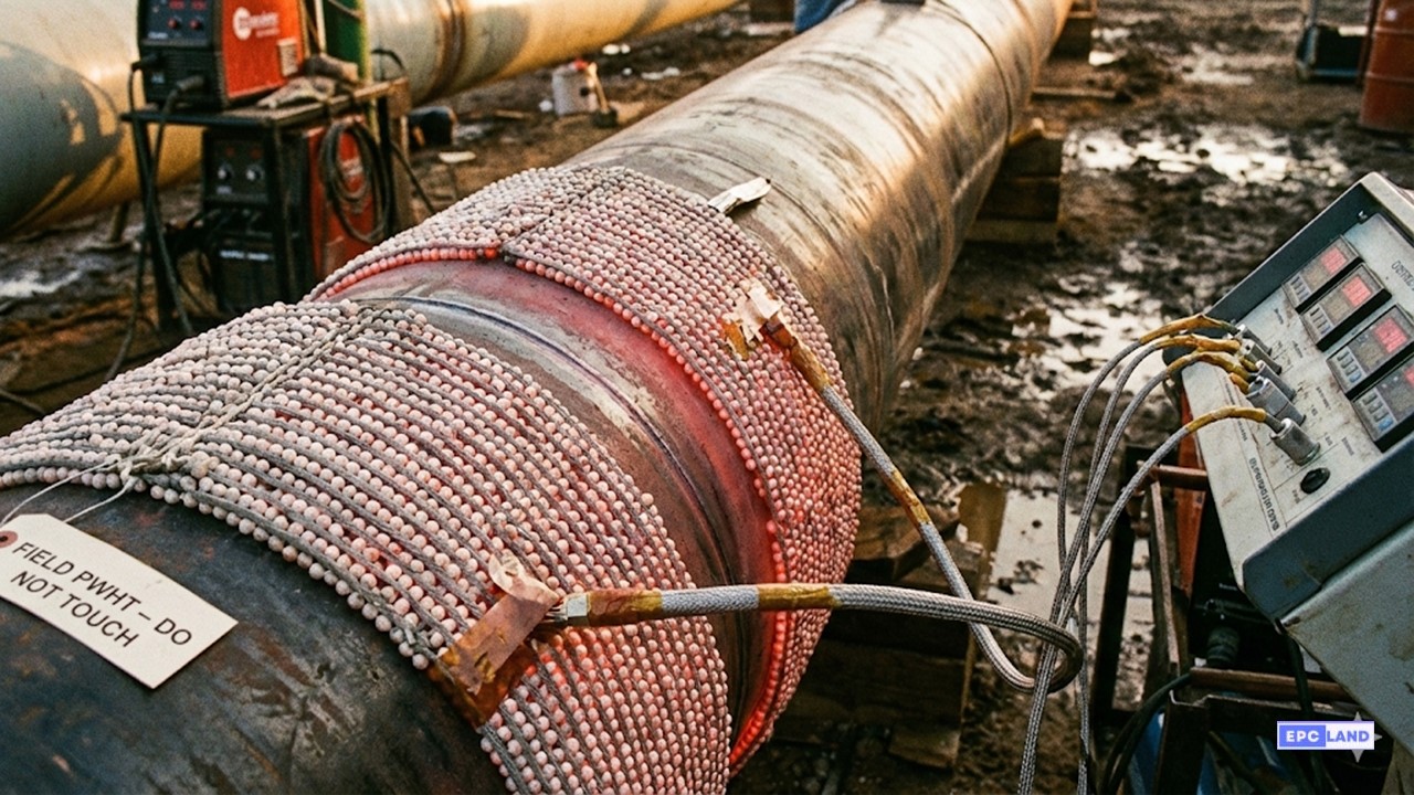 Post Weld Heat Treatment PWHT ceramic heating pads on industrial piping for stress relief.