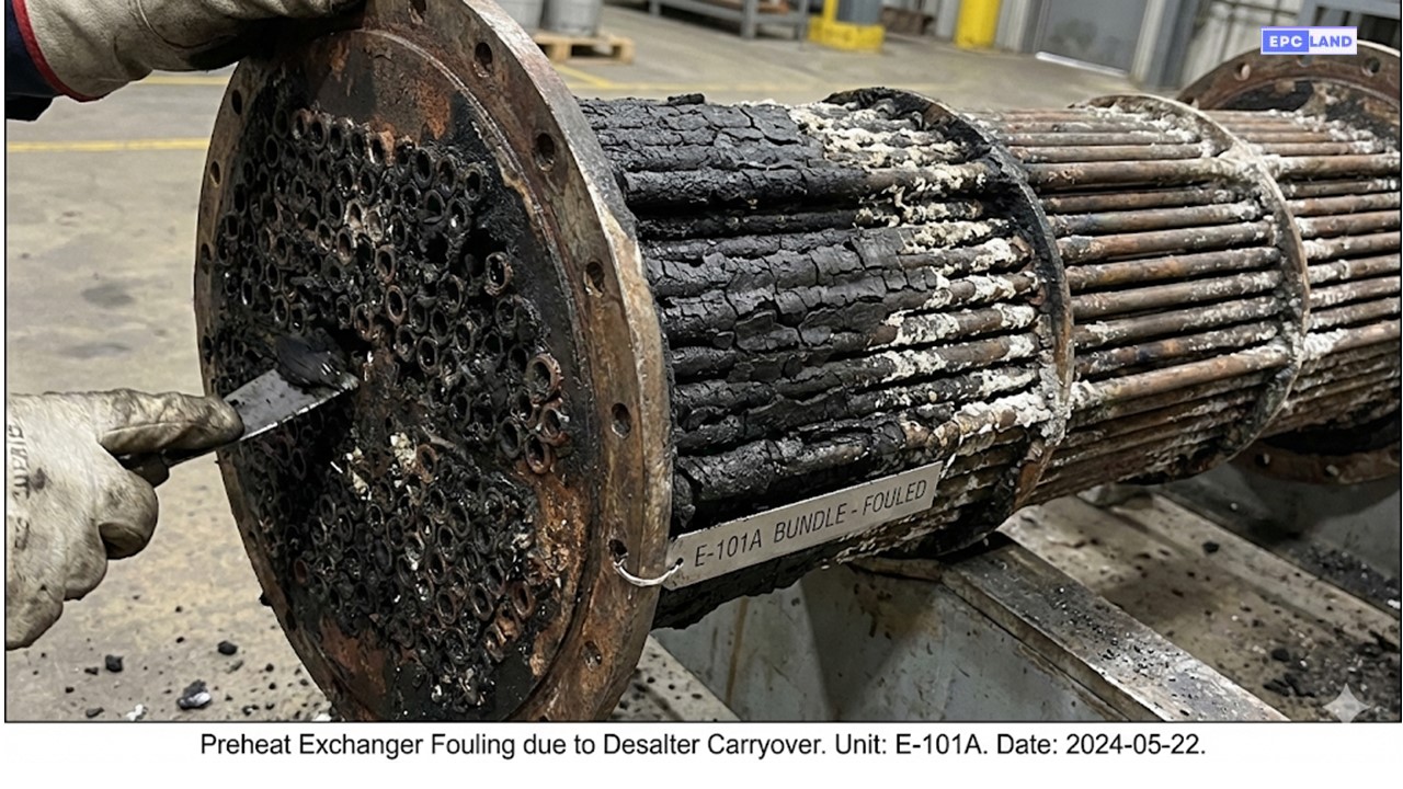 Heat exchanger fouling caused by desalter upset in a crude distillation unit
