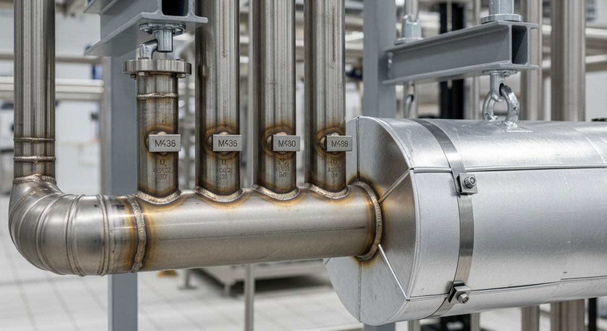 Properly supported stainless steel Process Piping manifold for pharmaceutical manufacturing