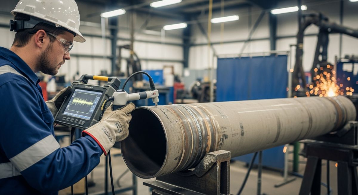 Technician performing nondestructive examination (NDE) on industrial Process Piping weld joints