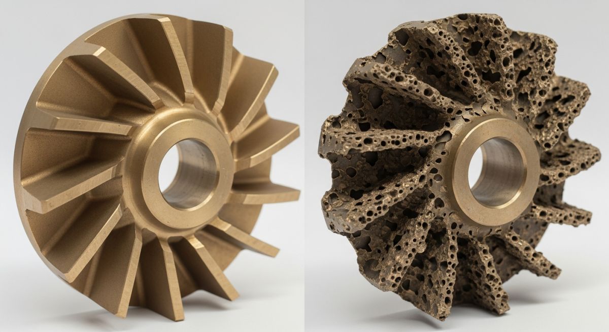 Comparison of healthy impeller vs cavitation damage caused by operating off the Pump Performance Curve