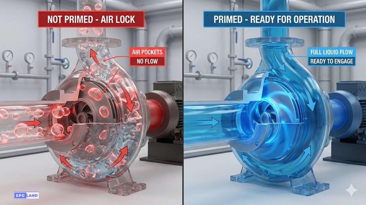 Visual comparison of an air-locked centrifugal pump versus a fully primed pump filled with liquid