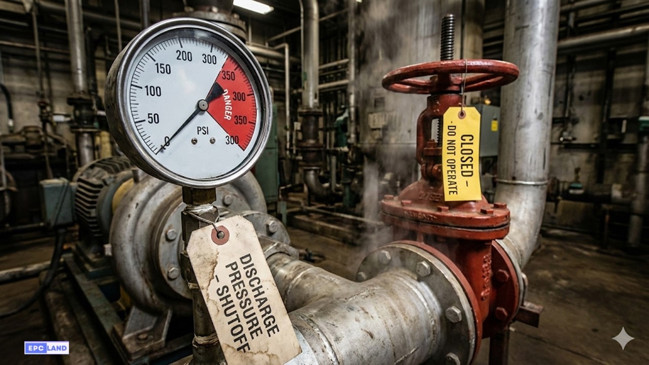 Centrifugal pump running at shutoff pressure with closed discharge valve and maxed-out pressure gauge.