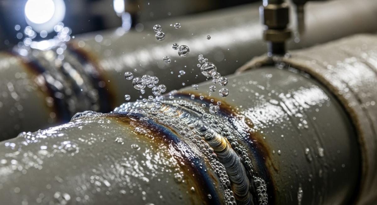 Failure detection during gas bubble test method for piping in a chemical refinery