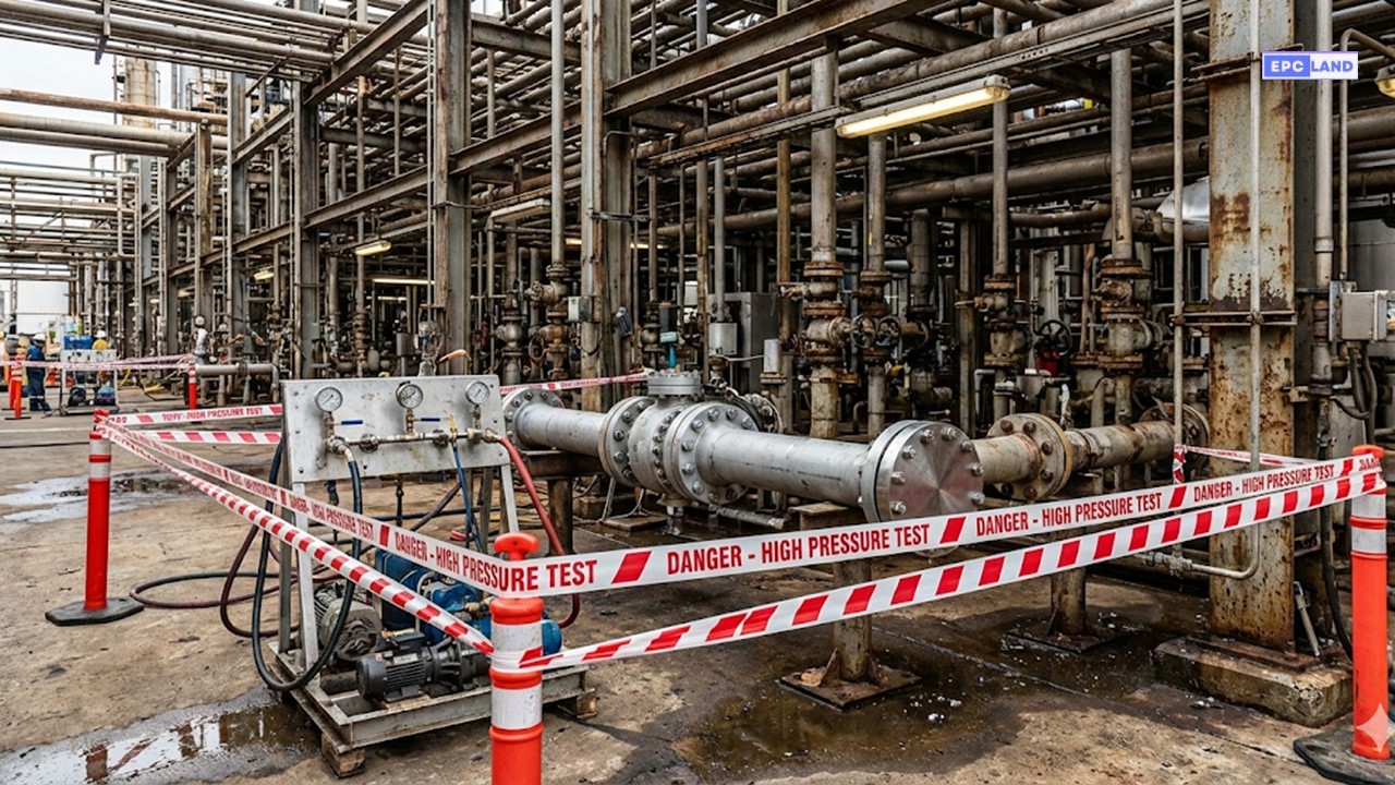 Piping Hydrostatic Test Procedure setup in a brownfield refinery using ASME B31.3 standards with safety exclusion zones.