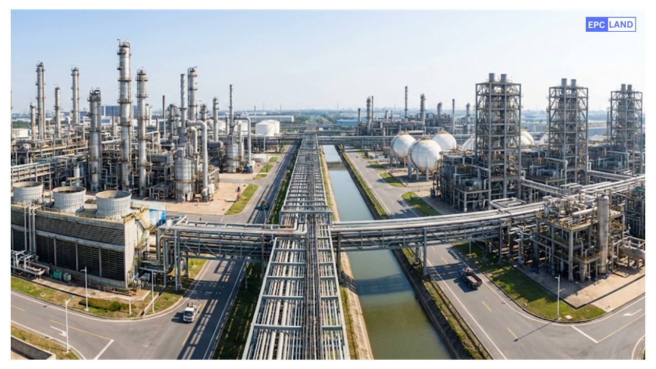Refinery vs petrochemical plant aerial view showing integrated pipe rack connections and distillation towers