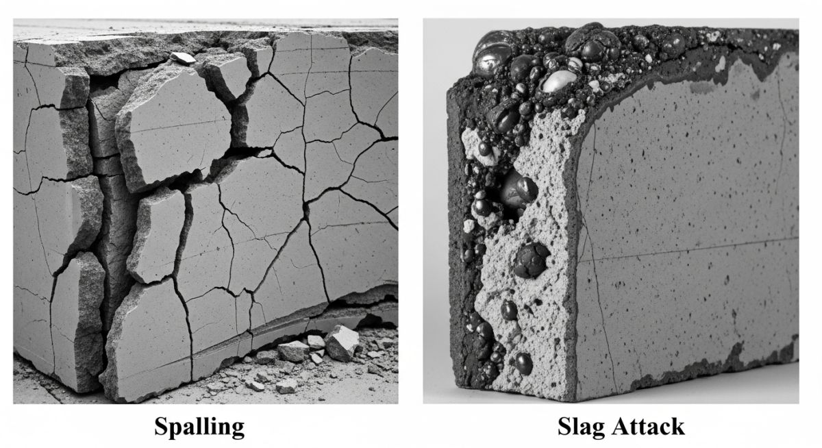 Common Refractory Lining failure modes including spalling and chemical erosion