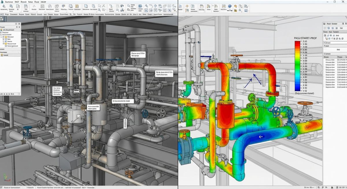 Professional interface showing Revit to PASS/START-PROF Import for piping stress analysis.
