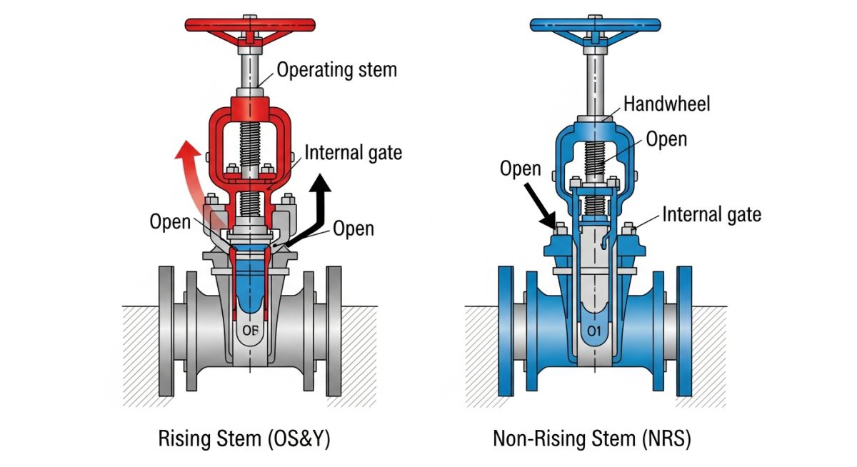 Diagram comparing Rising Stem vs Non-Rising Stem gate valve mechanisms and thread positions