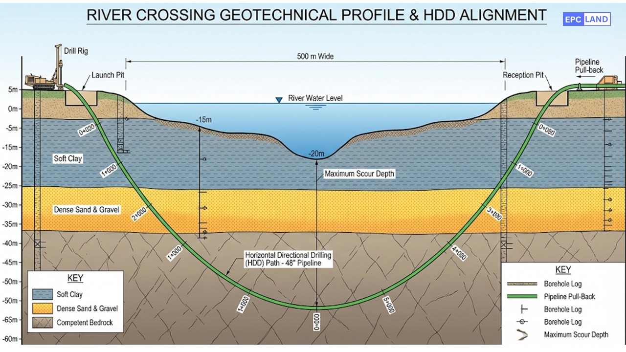 Cross-section of river crossing survey data showing HDD profile and geotechnical soil layers