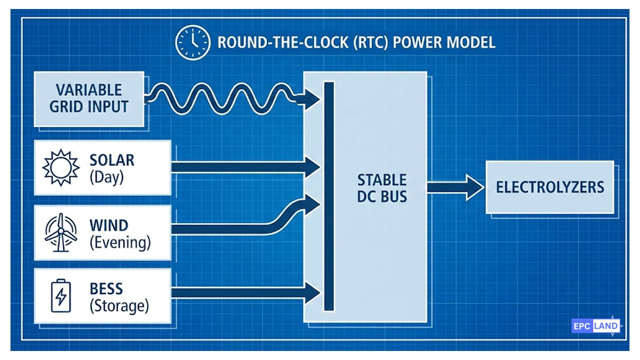 Round-The-Clock renewable energy integration diagram for green hydrogen production in India
