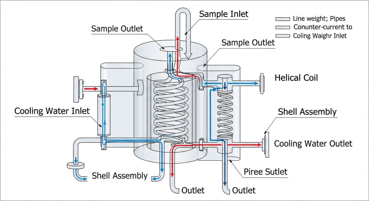 Engineering Diagram of Sample Cooler Internal Coil and Flow Path