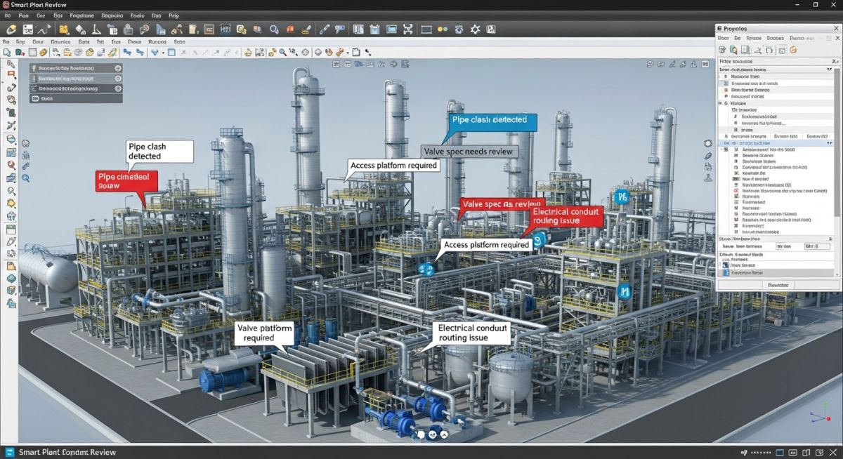 Professional interface of Smart Plant Review showing a 3D petrochemical plant model for engineering coordination.