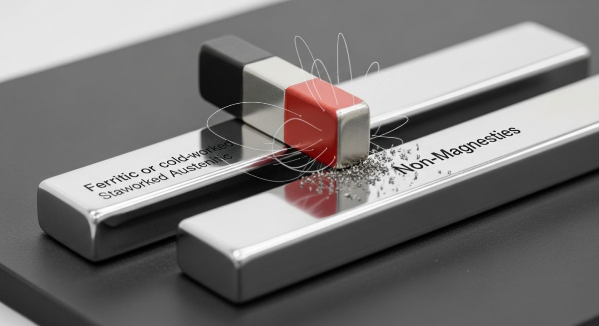 Testing magnetic permeability of stainless steel bars using a neodymium magnet to distinguish between 304 and 430 grades.