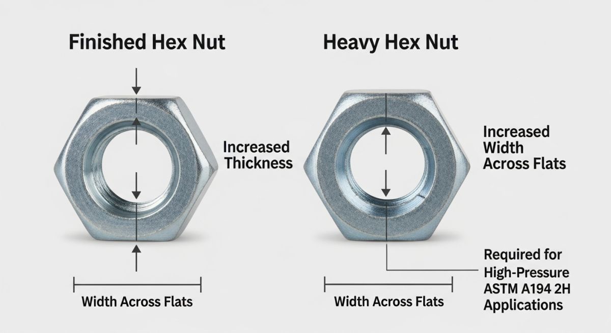 Side-by-side comparison of Standard Hex Nut vs Heavy Hex Nut dimensions