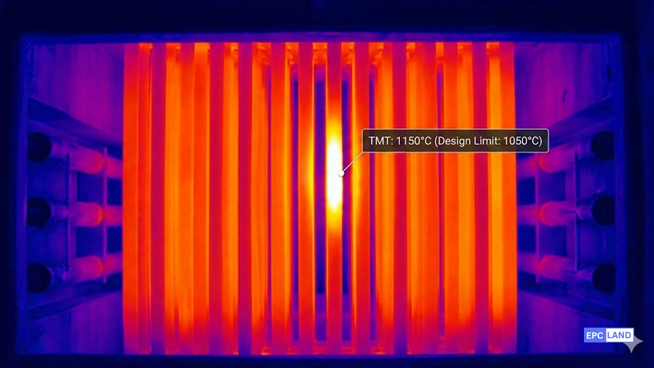 Steam cracker radiant coil fouling showing high tube metal temperature hot spots via thermal imaging