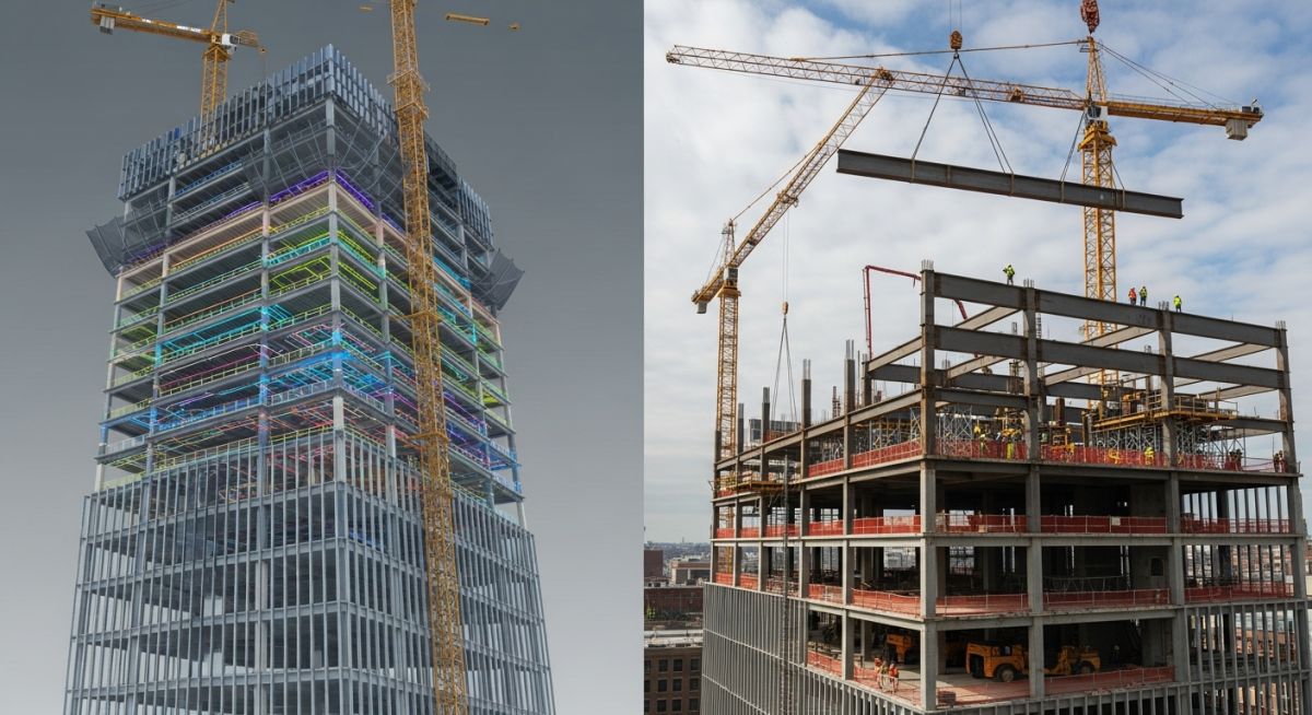 Comprehensive Structural Design model and construction site of a modern high-rise building.