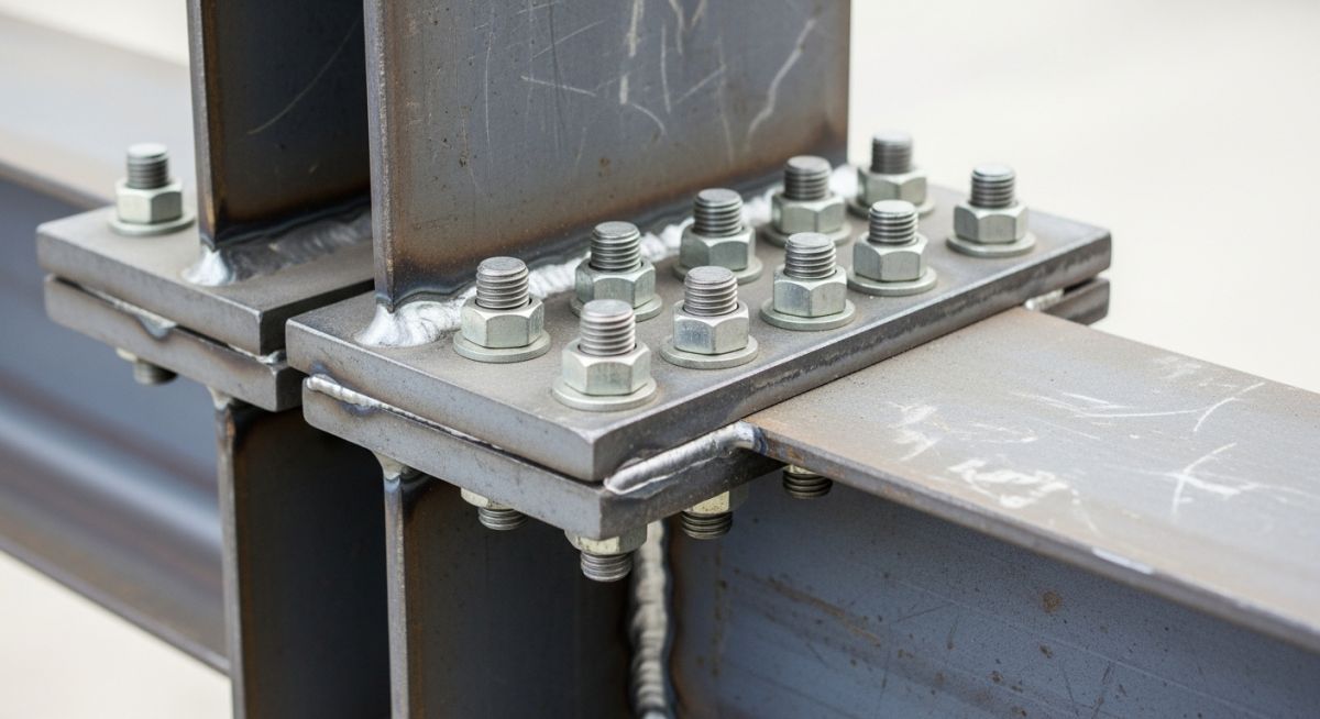 Close-up of Types of Structural Steel Shapes connection in an industrial building reinforcement