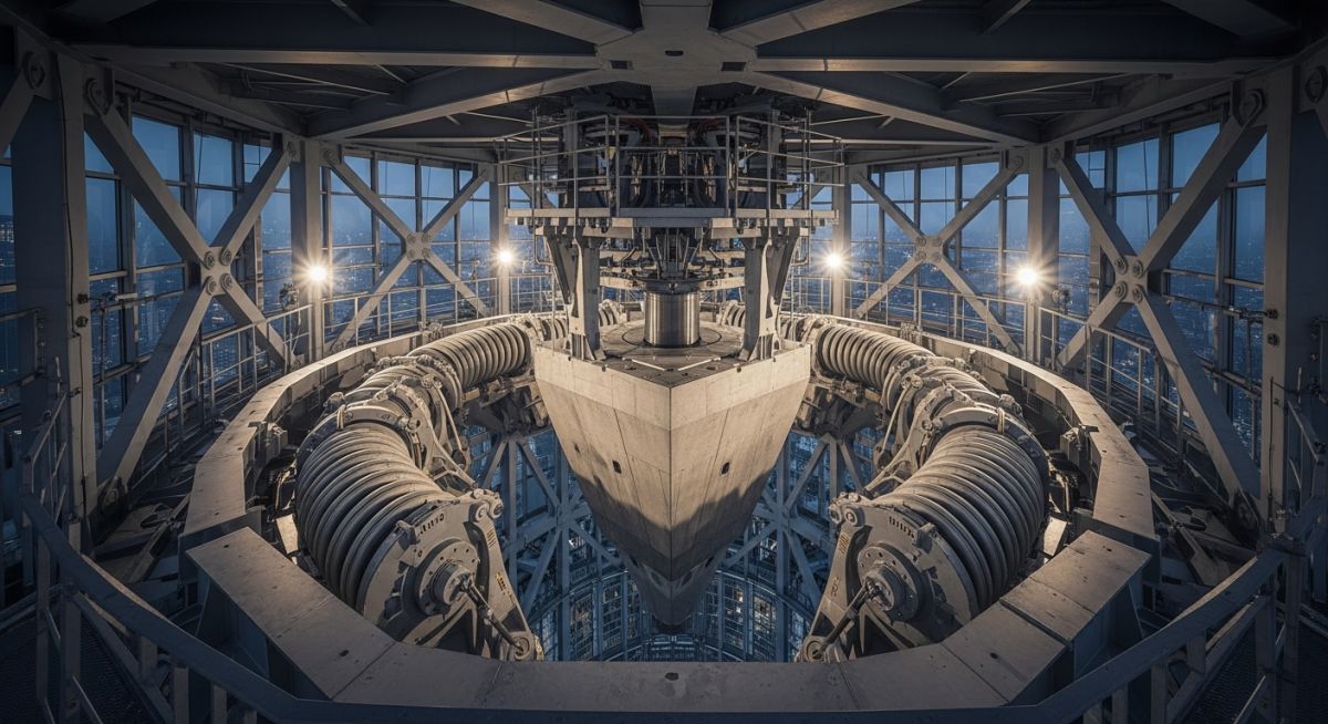 Large-scale industrial vibration absorbers installed in a high-rise building for structural stability.