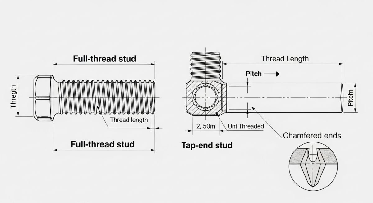 Engineering diagram of stud bolt dimensions and thread pitch standards
