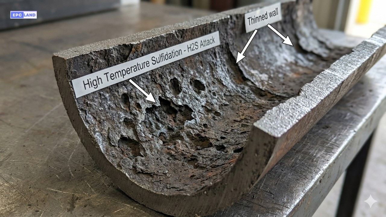Piping corrosion damage caused by processing sour crude oil without metallurgical upgrades