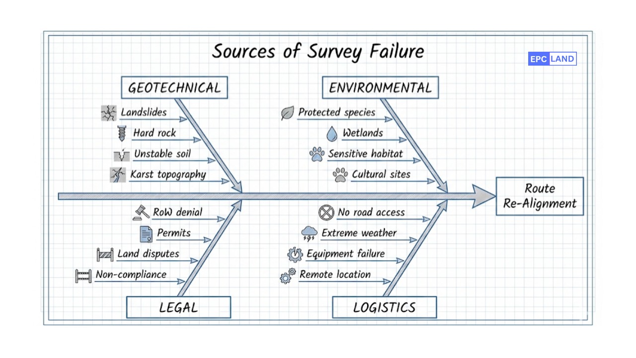Ishikawa diagram analyzing the root causes of pipeline route survey challenges and delays
