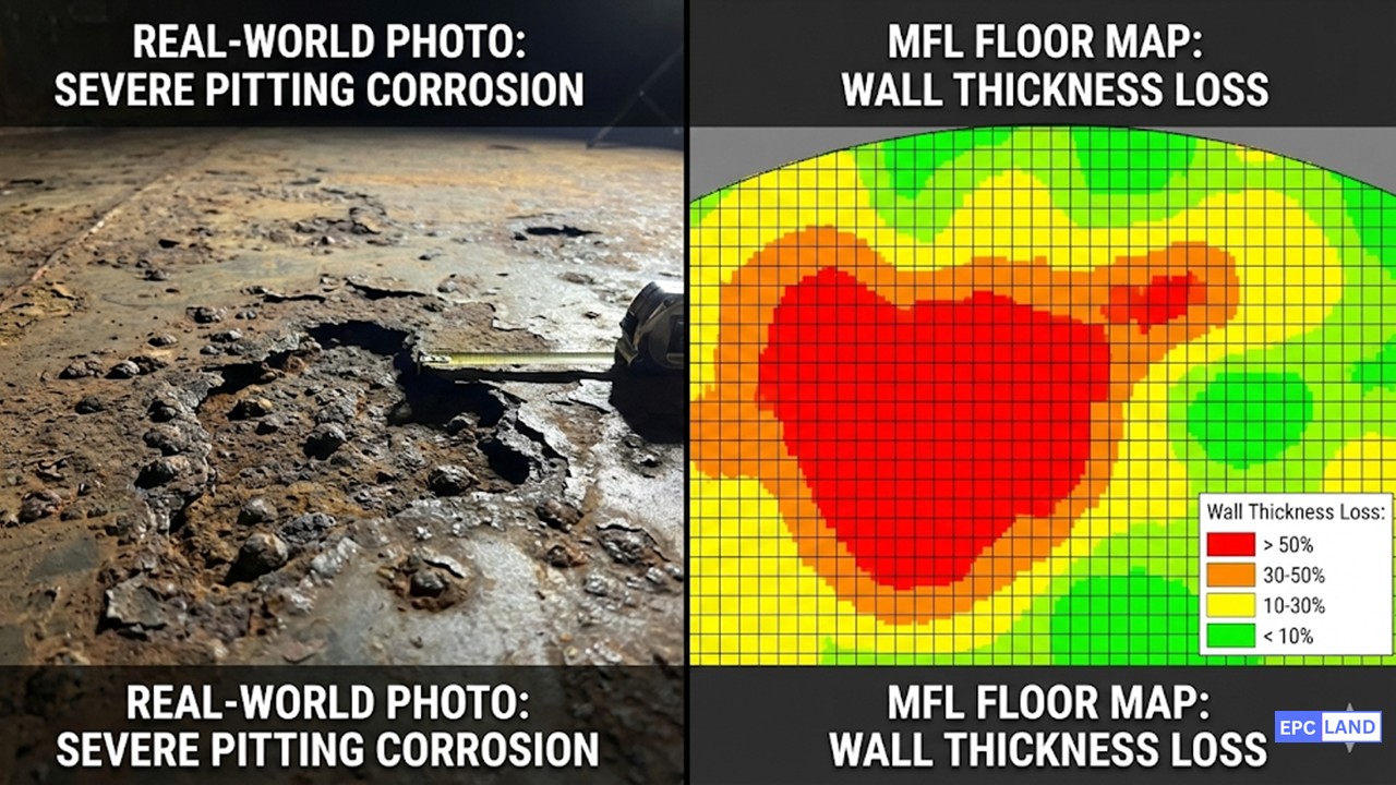 Storage tank bottom corrosion pitting and API 653 MFL inspection map showing thickness loss