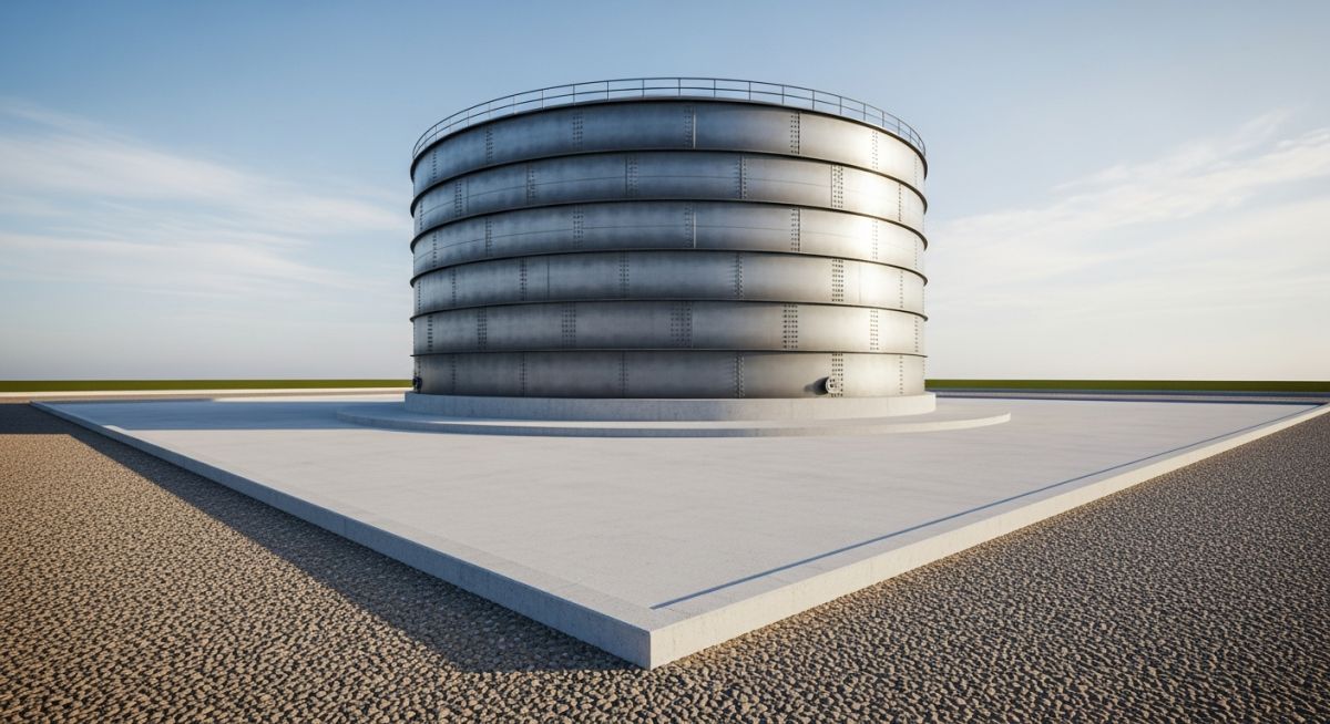 High-durability Tank Pad Foundation with reinforced concrete ring beam for industrial storage.