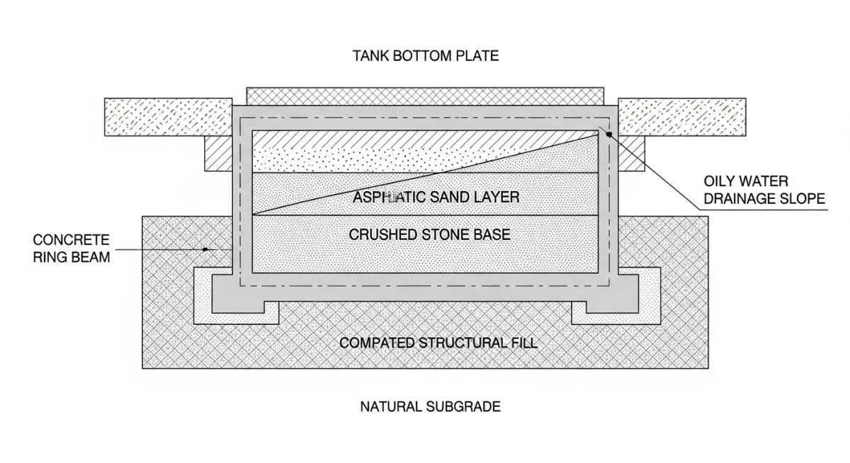 Technical cross-section diagram showing the layers of a Tank Pad Foundation