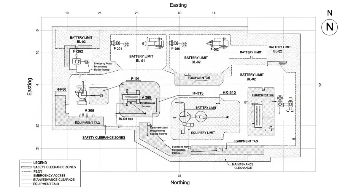 Engineering infographic detailing the essential components of a Plot Plan Drawing