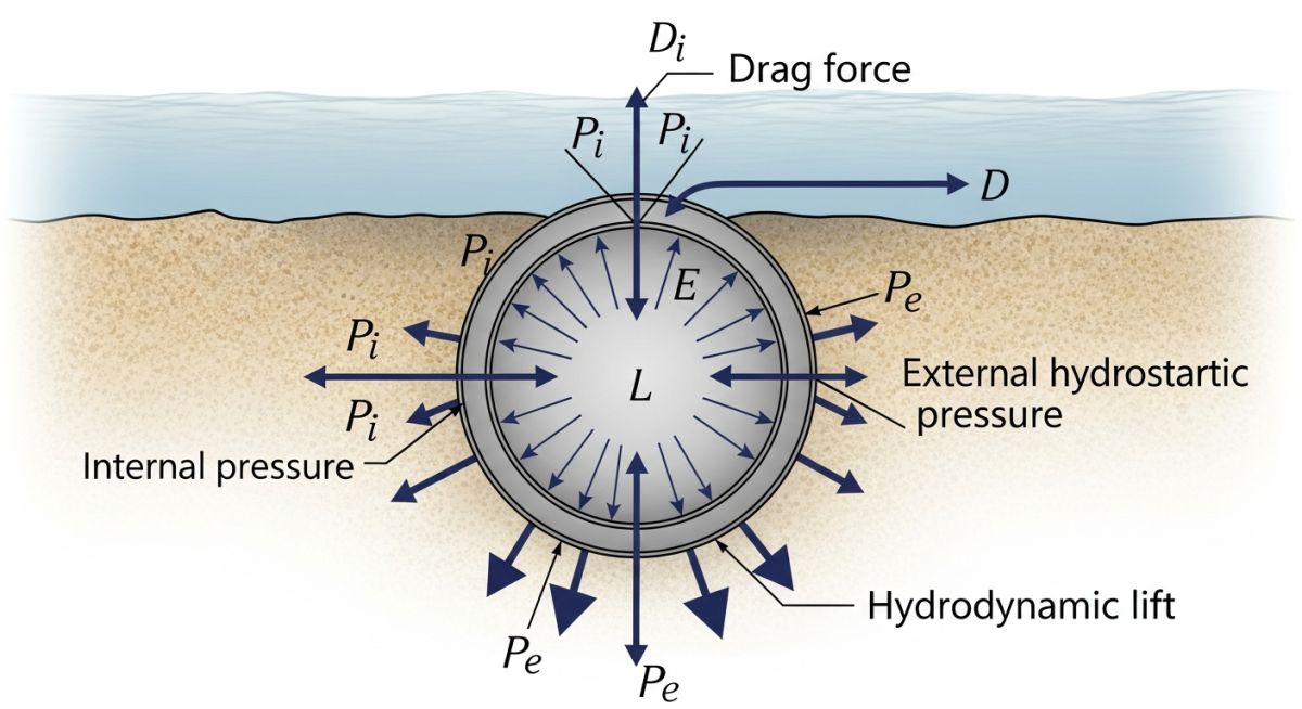 Engineering diagram of forces and stability factors in subsea pipeline design