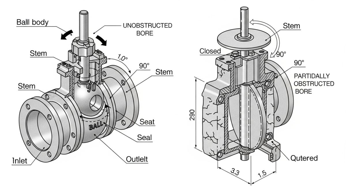Engineering diagram showing internal flow paths of Butterfly Valve vs Ball Valve