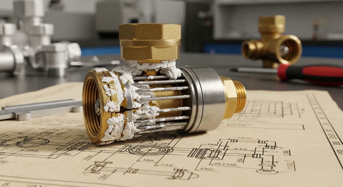 Failure analysis of a Temperature Control Valve element showing thermal fatigue and mineral scaling