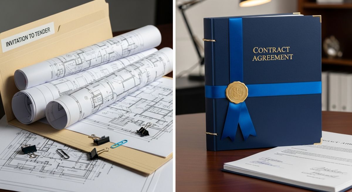 Professional comparison of Tender Documents vs Contract Documents in a construction management office.