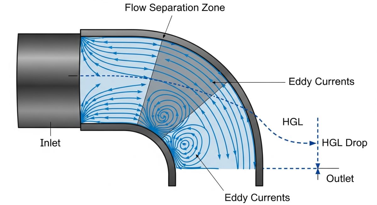 Technical diagram showing K-Factor Minor Losses and flow separation in pipe fittings