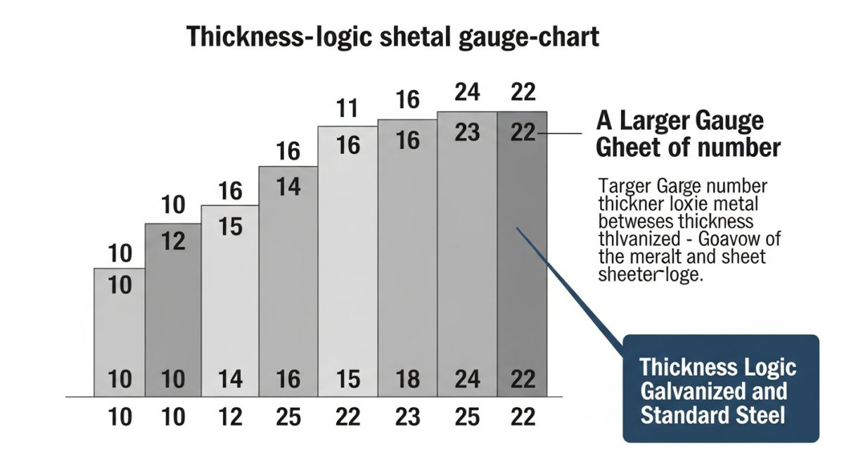 Engineering diagram illustrating the inverse relationship between gauge numbers and decimal thickness in a sheet metal gauge chart